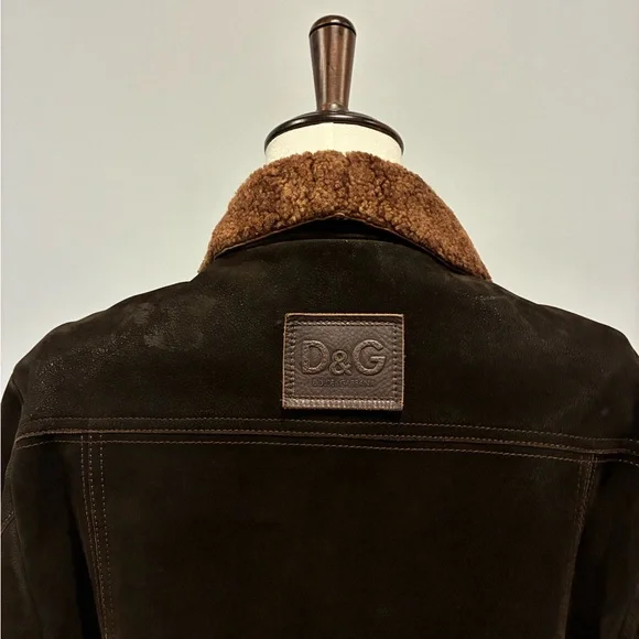 D&G Dark Brown Leather Winter Jacket with Fur Collar, Size L